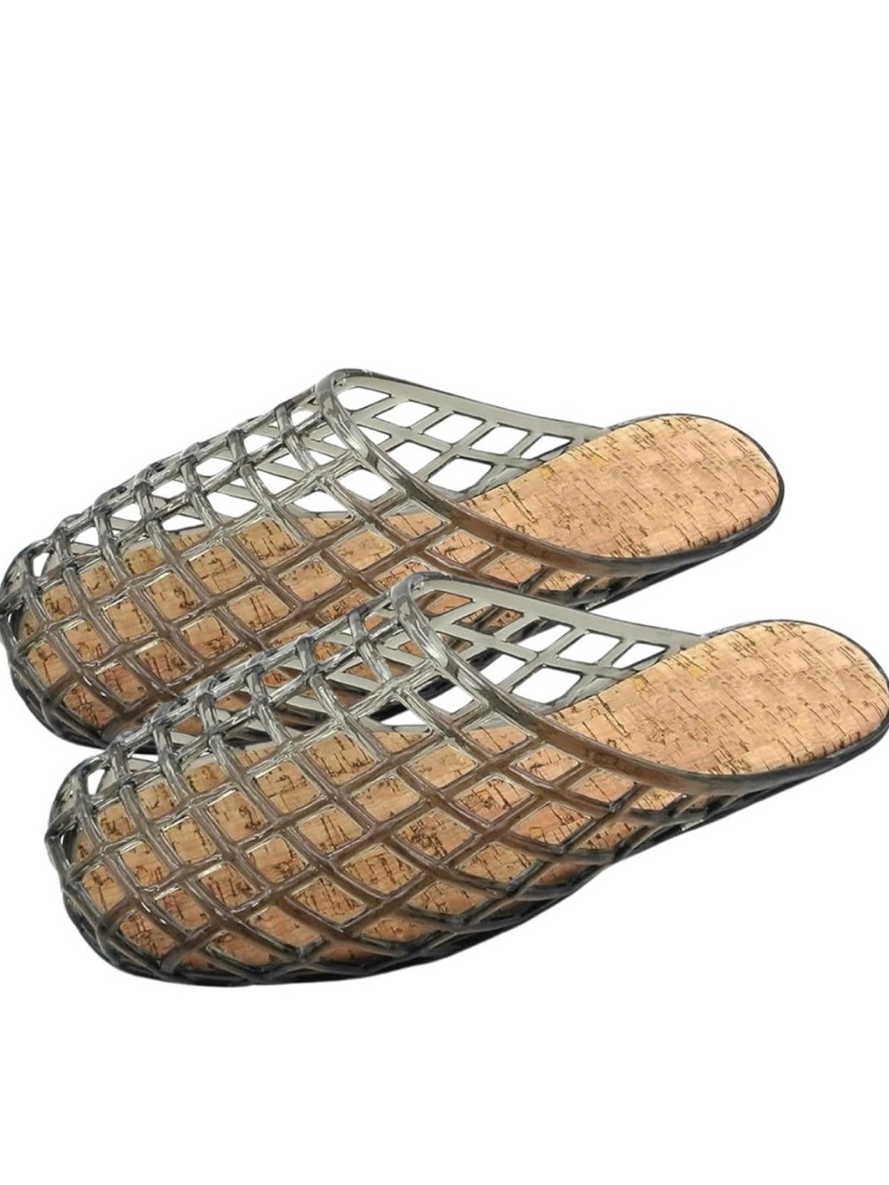 Women's Transparent Woven Jelly Slides with Cork Insole Hollow Mesh Mules Summer